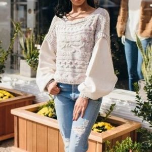 ✨Free People ✨Honey Cable Knit Pullover🌸 size Medium white combo NWT